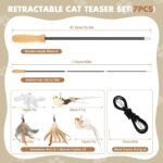 ROSAUI Telescopic Cat Wand Toy Set – 2 Extendable Rods (107cm) with 5 Interchangeable Feather & Bird Attachments, Wooden Handle, Elastic Cords, Interactive Play Kit for Indoor Cats & Kittens - Image 3