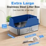Stainless Steel Cat Litter Box with Lid, XL Litter Box for Big Cats, High Sided 304 Metal Pan, Anti Leakage,Odor-Free & Easy Cleaning,Included Scoop &Trash Bag*2 & Mat & Sticker (Blue) - Image 3