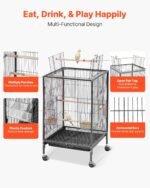 VEVOR Bird Cage, 18 x 18 x 30 inch, Open Flat Top, Wrought Iron Bird Flight Cage with Perches, Slide-Out Tray and Plastic Feeders, Casters, for Parrot, Blue Tit, Cockatiel, Canary, Budgerigar, Conure - Image 5
