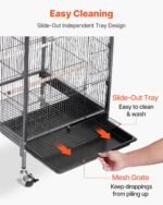 VEVOR Bird Cage, 18 x 18 x 30 inch, Open Flat Top, Wrought Iron Bird Flight Cage with Perches, Slide-Out Tray and Plastic Feeders, Casters, for Parrot, Blue Tit, Cockatiel, Canary, Budgerigar, Conure - Image 7