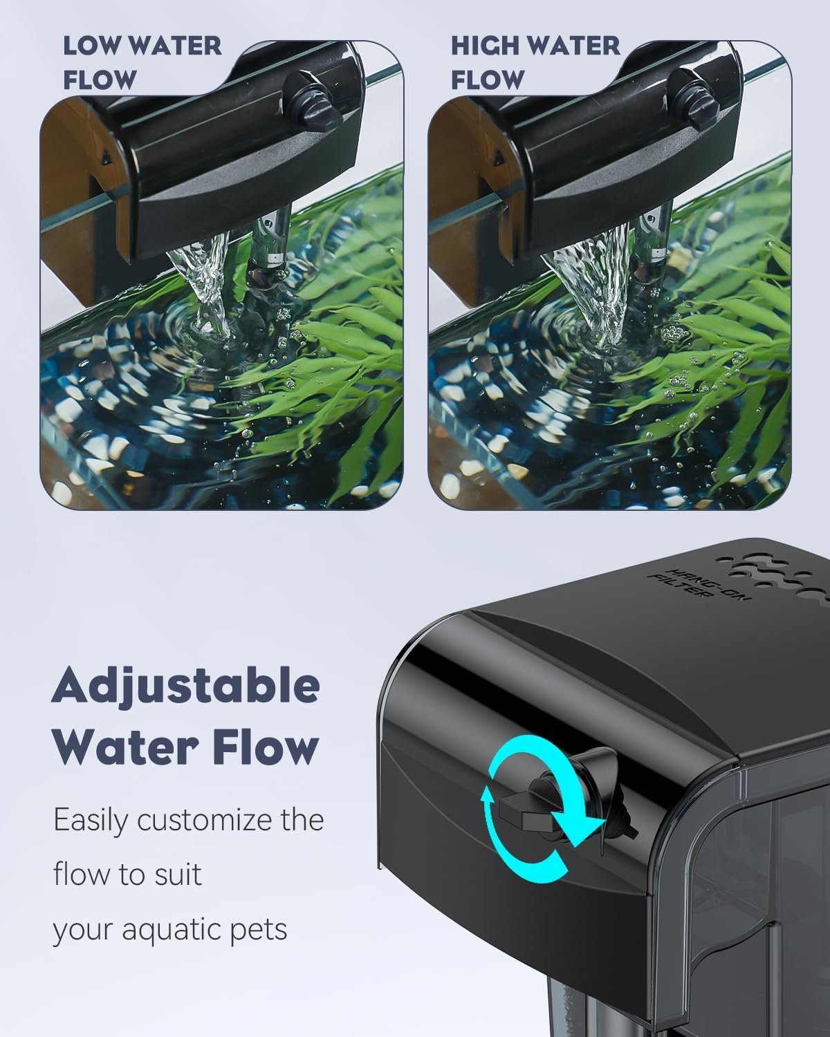 Pawfly 3 W Aquarium Filter, 1-3 Gallon Fish Tank Filter, 65 GPH Hang On Back Aquarium Filter with Water Wheel Adjustable Water Pump & Oil Skimmer, Ultra Quiet HOB Filter for Tank Filtration - Image 4