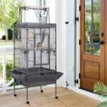 69in Play Top Parrot Cage Wrought Metal Rolling Bird Cage wtih Industrial Wheels Feeding Bowls Perches & Bungee Rope, Black - Image 3