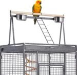 69in Play Top Parrot Cage Wrought Metal Rolling Bird Cage wtih Industrial Wheels Feeding Bowls Perches & Bungee Rope, Black - Image 5