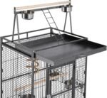 69in Play Top Parrot Cage Wrought Metal Rolling Bird Cage wtih Industrial Wheels Feeding Bowls Perches & Bungee Rope, Black - Image 7