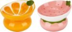 2PCS Tilted Elevated Cat Food Bowl Raised Ceramic Cat Bowl Anti Vomiting Shallow Cat Feeding Bowls Wide Cat Bowls Whisker Friendly High Cat Dish Microwave and Dishwasher Safe (Strawberry + Orange) - Image 2