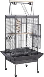 69in Play Top Parrot Cage Wrought Metal Rolling Bird Cage wtih Industrial Wheels Feeding Bowls Perches & Bungee Rope, Black - Image 2