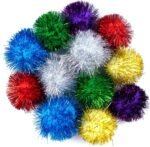 AUEAR, 12 Pack 2 Inch Sparkle Ball Shiny Tinsel Pom Poms Interactive Balls Cat Toy for Kittens Red Green Purple Gold Sliver Blue - Image 2