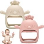 Baby Teething Toys, 2 Pack Teether for Baby, Silicone Mitten Teething Toys for Babies, Baby Teethers Toys 0-3-6-12 Months, Chew Toys Hand Pacifier for Soothing Teething Pain Relief (Beige/Pink) - Image 2