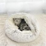 Cat Bed Round Fluffy Hooded Cat Bed Cave, Anti-Anxiety Cave Bed with Hooded Blanket, Cozy Cuddler Luxury Puppy Pet Bed, Anti-Slip Bottom and Machine Washable (Grey, Medium) - Image 2