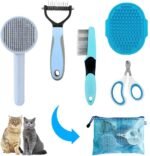 Cat Brush Grooming Kit 5pcs - Cat Brush for Shedding & Matted Fur, Self-Cleaning Brush with Flea Comb for Indoor Cats, Brush for Long-Haired Cats, Blue - Image 2