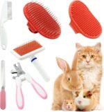Cat Grooming Kit Set with Pet Shedding Slicker Brush Nail Clipper Trimmer Pet Massage Bath Glove Flea Comb for Bunny Puppy Kitten Guinea Pig Chinchilla Ferret Small Animals (Red, Pink) - Image 2