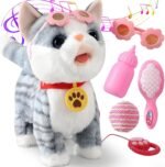 Gray Walking Cat Set Interactive Toy Cat for Girl Repeat What You Say Toy Kitten Talking Singing Dancing Touch Control Robot Cat Toy for Kid with Leash Wagging Tail Nodding Plush Electric Kitty - Image 2