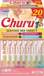 INABA Churu Cat Treats, Lickable, Squeezable Creamy Purée Cat Treat with Green Tea Extract & Taurine, 14 Grams Each Tube, 20 Tubes, Seafood Variety Box - Image 2