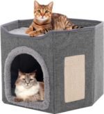 Large Cat Bed for Indoor Cat Cave for Pet Cat House with Scratch Pad, Foldable Cat Hideaway,18x17.3x15 inches.Grey - Image 2