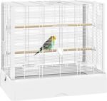 PawHut 22" Bird Cage for Budgie, Finches, Canaries, Love Birds, Large Parrot Cage with Wooden Stands, Slide-Out Tray, Handle, Food Containers, White - Image 2