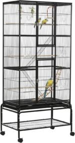 PawHut 71" Bird Cage, 3 Tier Large Parrot Cage with Wheels, Perches, Ramp, Storage Shelf, Toys for Canaries, Finches, Cockatiels, Parakeets, Black - Image 2