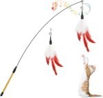 Pawaboo Feather Teaser Cat Toy, Interactive Feather Wand Cat Toy Flying Feather Cat Catcher with Extra Long 34.5" Wand and Small Bell, Exerciser Playing Toy for kitten or cat, Wine Red & White Feather - Image 2