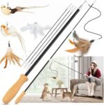 ROSAUI Telescopic Cat Wand Toy Set – 2 Extendable Rods (107cm) with 5 Interchangeable Feather & Bird Attachments, Wooden Handle, Elastic Cords, Interactive Play Kit for Indoor Cats & Kittens - Image 2