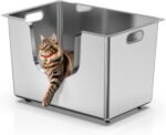 Stainless Steel Cat Litter Box 11.8” High Sides, Large Metal Litter Box with Low Entry for Big Cats, Leak-Proof Pet Toilet Kitty Litter Pan with Wheels for Mobility, Easy to Clean & Non-Stick - Image 2