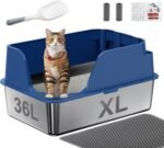 Stainless Steel Cat Litter Box with Lid, XL Litter Box for Big Cats, High Sided 304 Metal Pan, Anti Leakage,Odor-Free & Easy Cleaning,Included Scoop &Trash Bag*2 & Mat & Sticker (Blue) - Image 2