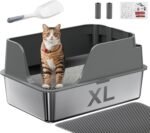 Stainless Steel Cat Litter Box with Lid, XL Litter Box for Big Cats, High Sided Metal Pan, Anti Leakage,Odor-Free & Easy Cleaning,Included Scoop &Trash Bag*2 & Mat & Sticker (Grey) - Image 2
