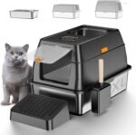 TENTIZON Stainless Steel Cat Litter Box Enclosed with Lid, Extra Large Covered Metal Kitty Litter Tray with Hood, High Sides, Scoop, Footboard, Easy Clean, No Smell, Top Entry - Image 2