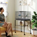 PawHut 46" H Bird Cage, Parakeet Cages for Budgie, Lovebird, Canary, Finches with Divider, Wheeled Stand, Shelf, 4 Wooden Perches, Slide Out Tray, 4 Feeders, Black - Image 3