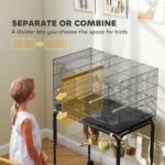 PawHut 46" H Bird Cage, Parakeet Cages for Budgie, Lovebird, Canary, Finches with Divider, Wheeled Stand, Shelf, 4 Wooden Perches, Slide Out Tray, 4 Feeders, Black - Image 4