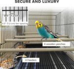 PawHut 46" H Bird Cage, Parakeet Cages for Budgie, Lovebird, Canary, Finches with Divider, Wheeled Stand, Shelf, 4 Wooden Perches, Slide Out Tray, 4 Feeders, Black - Image 5