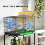 PawHut 46" H Bird Cage, Parakeet Cages for Budgie, Lovebird, Canary, Finches with Divider, Wheeled Stand, Shelf, 4 Wooden Perches, Slide Out Tray, 4 Feeders, Black - Image 6