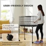 PawHut 46" H Bird Cage, Parakeet Cages for Budgie, Lovebird, Canary, Finches with Divider, Wheeled Stand, Shelf, 4 Wooden Perches, Slide Out Tray, 4 Feeders, Black - Image 9