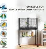 PawHut 46" H Bird Cage, Parakeet Cages for Budgie, Lovebird, Canary, Finches with Divider, Wheeled Stand, Shelf, 4 Wooden Perches, Slide Out Tray, 4 Feeders, Black - Image 10