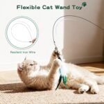 Pawaboo Feather Teaser Cat Toy, Interactive Feather Wand Cat Toy Flying Feather Cat Catcher with Extra Long 34.5" Wand and Small Bell, Fun Exerciser Playing Toy for Kitten or cat, White & Green - Image 3