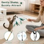Pawaboo Feather Teaser Cat Toy, Interactive Feather Wand Cat Toy Flying Feather Cat Catcher with Extra Long 34.5" Wand and Small Bell, Fun Exerciser Playing Toy for Kitten or cat, White & Green - Image 4