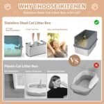 Enclosed Cat Litter Box,High Sided Stainless Steel Litter Box Anti-Leakage,Non-Stick Extra Large Litter Box with Lid,23.5" L x 15.5" W x 16" H(Grey) - Image 4