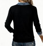 Womens Oversized Sweatshirt with Denim Collar Cuffs Long Sleeve Jean Polo Pullover Tops Tunic Collared Sweaters - Image 6