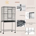 PawHut 64" Large Bird Cage, Rolling Metal Parrot Cage, Bird House with Detachable Rolling Stand, Storage Shelf, Wood Perch, Food Container, 30.25" x 18.5" x 64" - Image 6