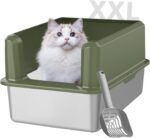 Stainless Steel Litter Box, 60 x 40 x 30 cm XL Large Metal Cat Litter Box with High Enclosed Side for Big Cats, Non-Stick, Anti-Leakage Easy Clean, Include Footboard, Litter Scoop & Litter Mat(Green) - Image 3