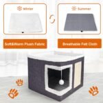 Cat Houses for Indoor Cats - Large Cat Bed Cave for Cat House with Scratch Pad and Fluffy Ball, Foldable Cat Hideaway with Reversible Cushion Cat Condo for Multi Small Pet, Dark Grey - Image 6