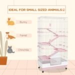 PawHut 63" H Guinea Pig Cage, 6-Level Rabbit Cage for Ferret, Chinchilla, Hedghog, Bunny, Small Animal Habitat with Wheels, Slide-Out Tray, Ramp, Pink - Image 6