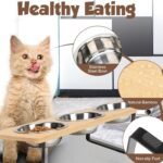 Elevated Cat Bowls with Non Slip Mat, 15° Tilted Raised Anti Vomit Cat Feeder for Food and Water, Pet Feeding Station with 3 Stainless Steel Bowls - Image 5