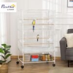 PawHut 52" Large Steel Bird Cage for Parrot Budgie Cockatiels African Grey Parakeets Pigeons with Rolling Stand, Storage Shelf, Wood Perch, Food Container, White - Image 3