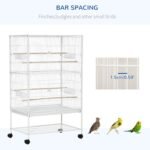 PawHut 52" Large Steel Bird Cage for Parrot Budgie Cockatiels African Grey Parakeets Pigeons with Rolling Stand, Storage Shelf, Wood Perch, Food Container, White - Image 6