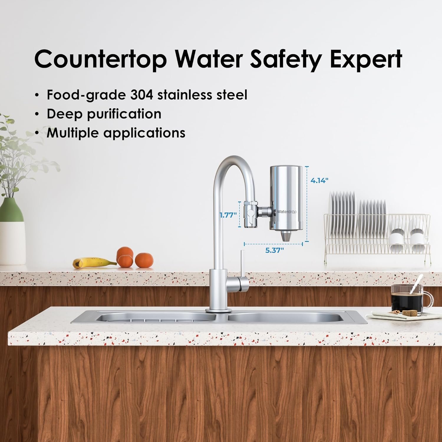 Waterdrop WD-FC-06 Stainless-Steel Faucet Water Filter, Carbon Block Water Filtration System, Tap Water Filter, Reduces Chlorine, Heavy Metals and Bad Taste (1 Filter Included) - Image 7