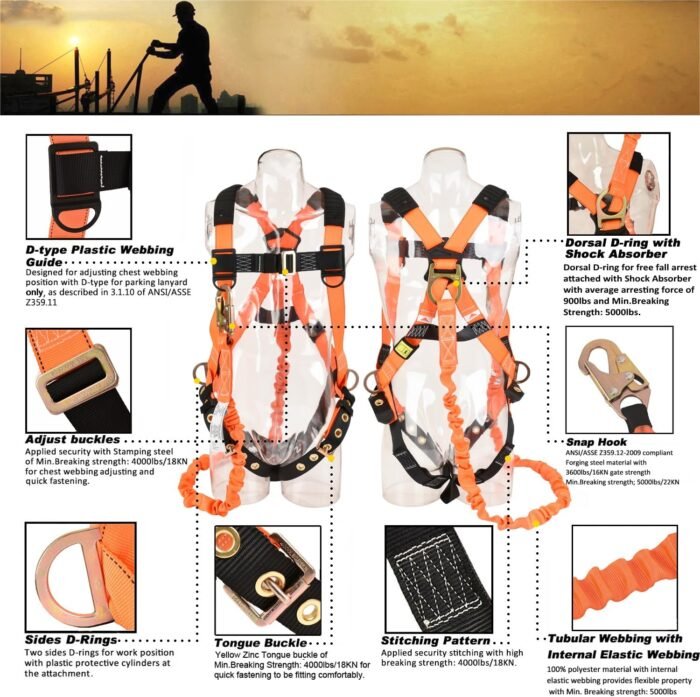 3D-Ring Safety Harness [3pt Adjustment] with 6-Foot Internal Shock ...