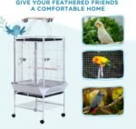 PawHut 64 Inch Bird Cage Parrot Parakeet House for Cockatiel with Stand, Pull Out Tray, Play Top, Storage Shelf, Wood Perch, Food Container, Silver - Image 4