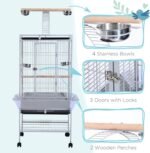 PawHut 64 Inch Bird Cage Parrot Parakeet House for Cockatiel with Stand, Pull Out Tray, Play Top, Storage Shelf, Wood Perch, Food Container, Silver - Image 7