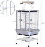 PawHut 64 Inch Bird Cage Parrot Parakeet House for Cockatiel with Stand, Pull Out Tray, Play Top, Storage Shelf, Wood Perch, Food Container, Silver - Image 8