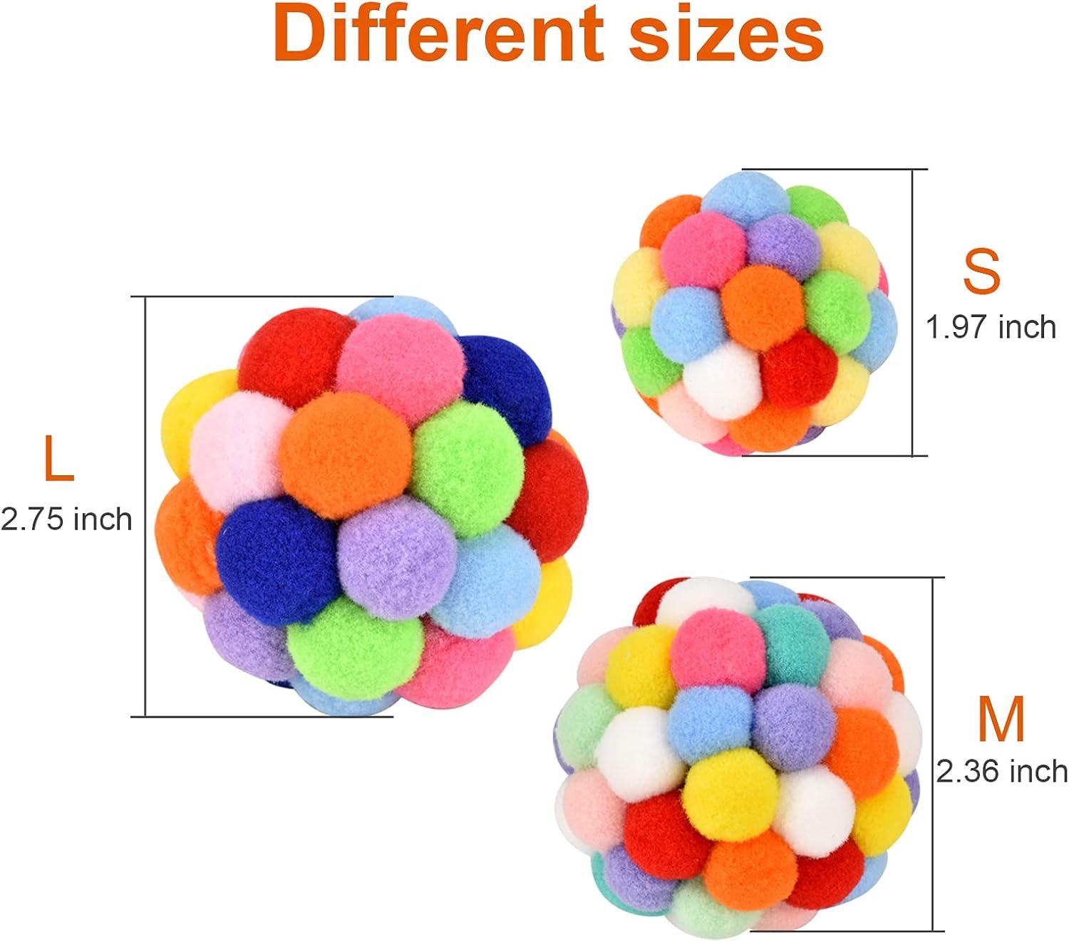 Cat Toy Balls with Bell (3 Sizes/Pack), TUSATIY Colorful Soft Fuzzy Balls Built-in Bell for Cats, Interactive Playing Chewing Toys for Indoor Cats and Kittens - Image 4
