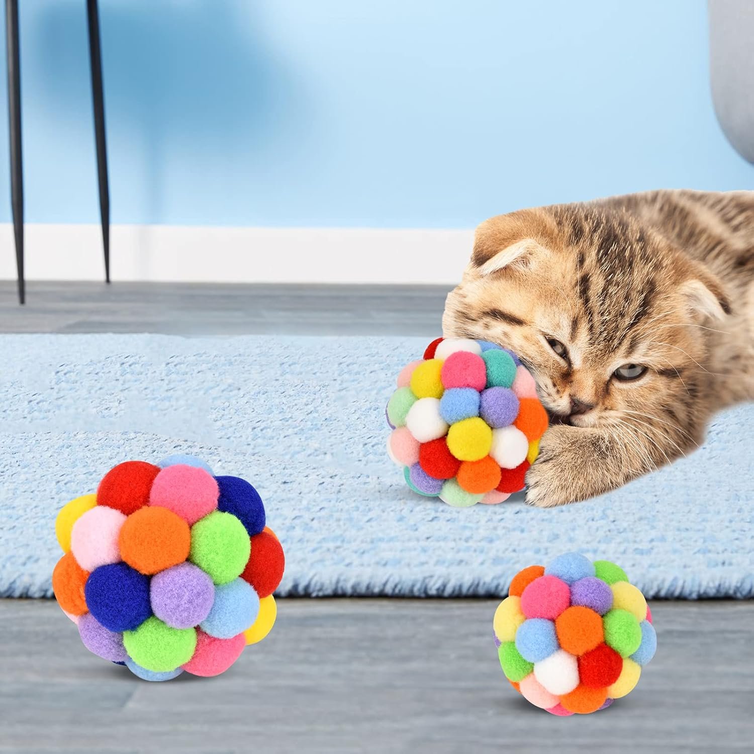 Cat Toy Balls with Bell (3 Sizes/Pack), TUSATIY Colorful Soft Fuzzy Balls Built-in Bell for Cats, Interactive Playing Chewing Toys for Indoor Cats and Kittens - Image 6